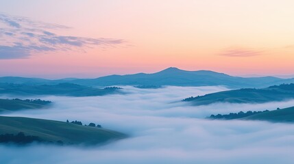 Fototapeta premium circulation fog mist Serene dawn over misty rolling hills