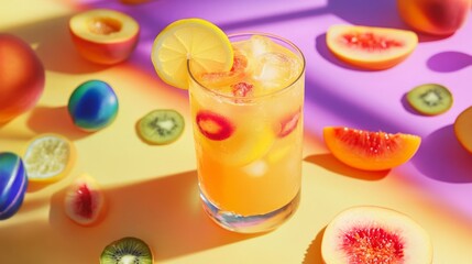 Fototapeta premium Refreshing Summer Drink with Fruits on Colorful Table Surface