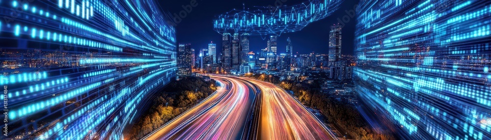 Poster Captivating nighttime city scene featuring light trails from moving vehicles creating a dynamic and lively urban environment