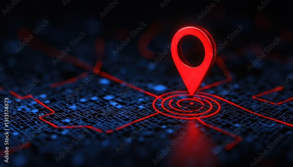 Poster gps tracking and signal concept. red location pin on a digital map background, symbolizing navigatio