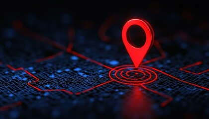 GPS tracking and signal concept. Red location pin on a digital map background, symbolizing navigation.