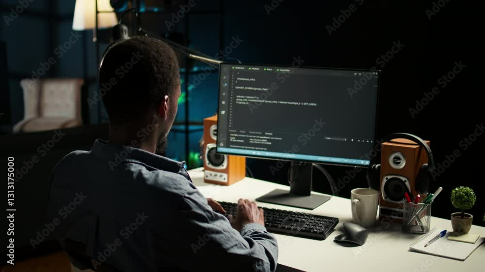 Poster african american expert at desk using pc for programming and data analysis. young networking expert 