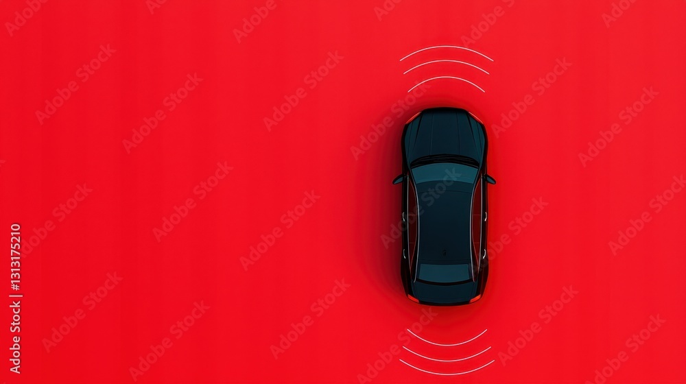 Poster gps tracking and signal concept. a top view of a black car on a vibrant red surface with sensor indi