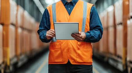 An Efficient warehouse worker in safety vest using tablet for inventory