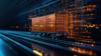 A digital representation of freight train with glowing orange container, symbolizing technology and transport innovation