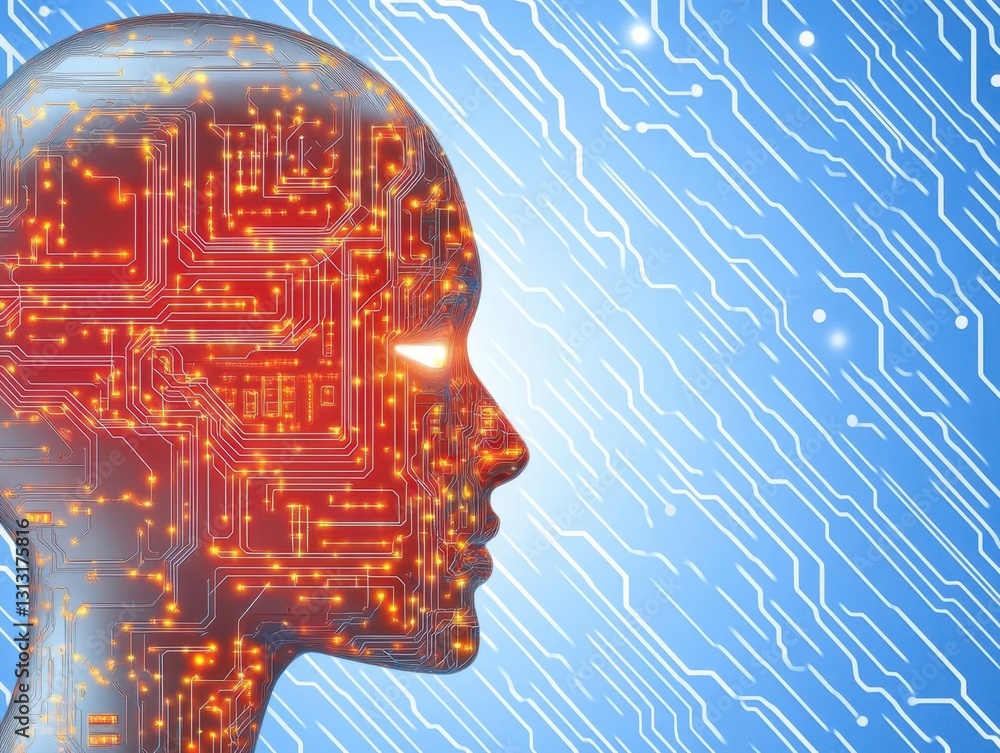 Poster human head with intricate circuitry design illustrating the concept of technology and mind in a mode