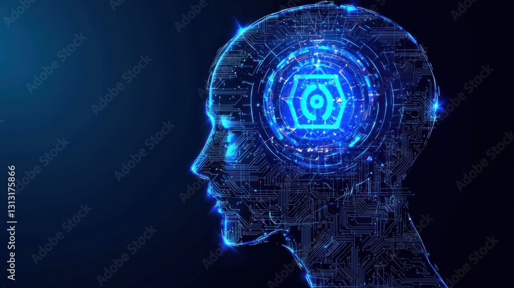 Poster digital brain illustration with circuit patterns and blue glow effect