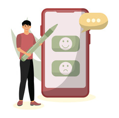 Feedback and survey concept. Choosing emoji to show satisfaction rating.