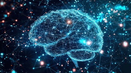Futuristic Digital Brain with Network Connections and Glowing Particles