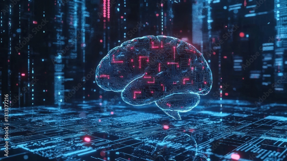 Poster futuristic digital brain with glowing circuit patterns in space