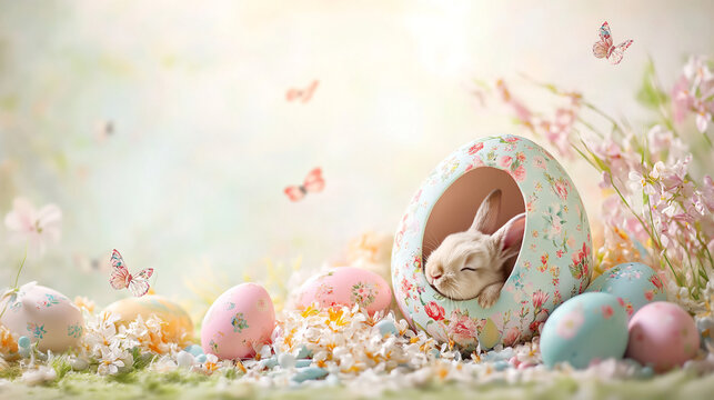 A large Easter egg with a cute little bunny sleeping inside.