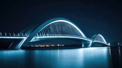Obraz premium Illuminated Modern Bridge Over Water at Night with Striking Architectural Design and Soft Blue Lighting