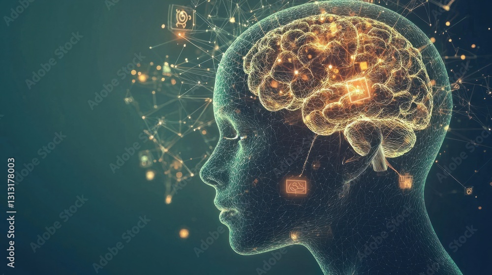 Aufkleber digital brain concept with abstract light network and icons