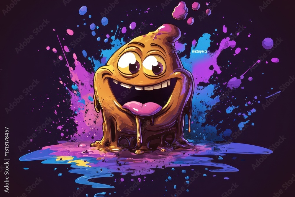 Poster a smiling brown blob character surrounded by colorful paint splatters