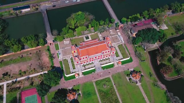 Kien Trung Palace at the Imperial City of Hue, Vietnam, aerial drone view.