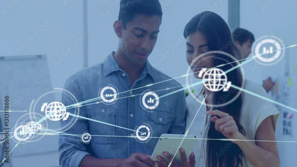 Aufkleber using tablet with network connections, diverse professionals processing data together