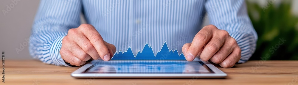 Poster Man analyzing business growth trends on tablet displaying colorful chart graphics in modern office environment