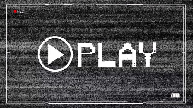 A digital screen displaying a retro VHS-style 'PLAY' button overlay with static noise and glitch effects. The screen has a vintage aesthetic, resembling an old analog television or camcorder recording