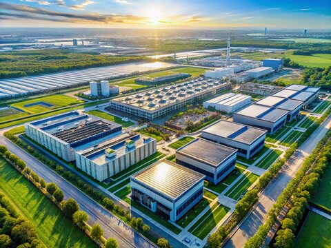 Aerial View of Modern Data Center Campus with Processing Units, Server Racks, and Cooling Systems