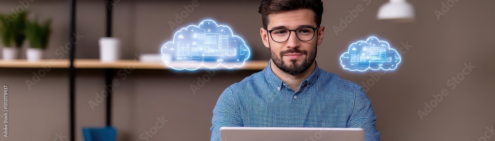 Poster Man with glasses working on laptop surrounded by cloud of data representing modern information technology