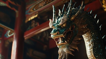 Fototapeta premium Majestic Dragon Sculpture in Traditional Asian Architecture Setting