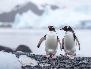 Fototapeta premium Two Gentoo penguins stand on a rocky beach with a snowy landscape in the background, showcasing their distinctive white head markings.
