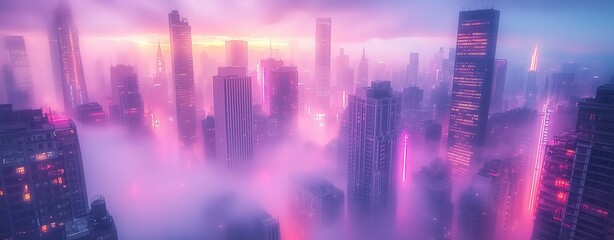 circulation fog mist City skyline with vibrant sunset and fog