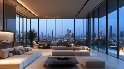 Modern luxury apartment interior with panoramic city view at dusk in Dubai featuring sleek furnishings and elegant decor