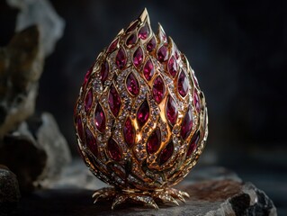 Ornate golden egg-shaped object with red gems and white diamonds, placed on a rock surface against a dark backdrop.