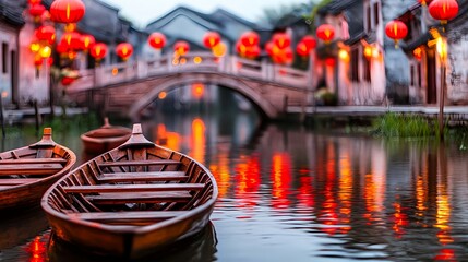 Serene Chinese Canal, Boats & Lanterns - Vibrant Colors