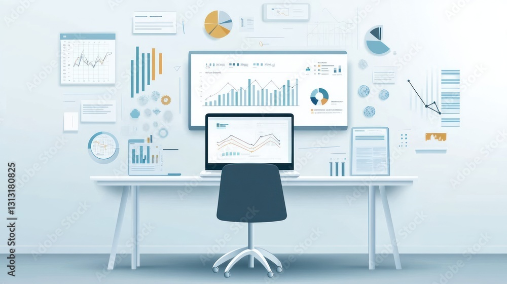 Poster modern office workspace with data visualizations. possible use stock photo for business or technolog
