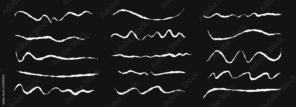 Poster hand drawn chalk wavy lines set. white pastel squiggle underlines and strokes collection. crayon wav