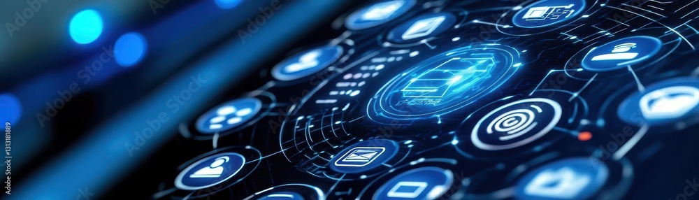 Poster A futuristic interface displaying advanced technology elements on a deep blue background, symbolizing innovation