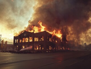Building engulfed in flames with smoke billowing. Firefighters are at the scene, spraying water on the blaze from the ground level.