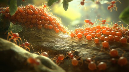 Fascinating 3D microscopic view of ant eggs hatching into larvae, with worker ants nurturing and feeding the young deep inside the colony.