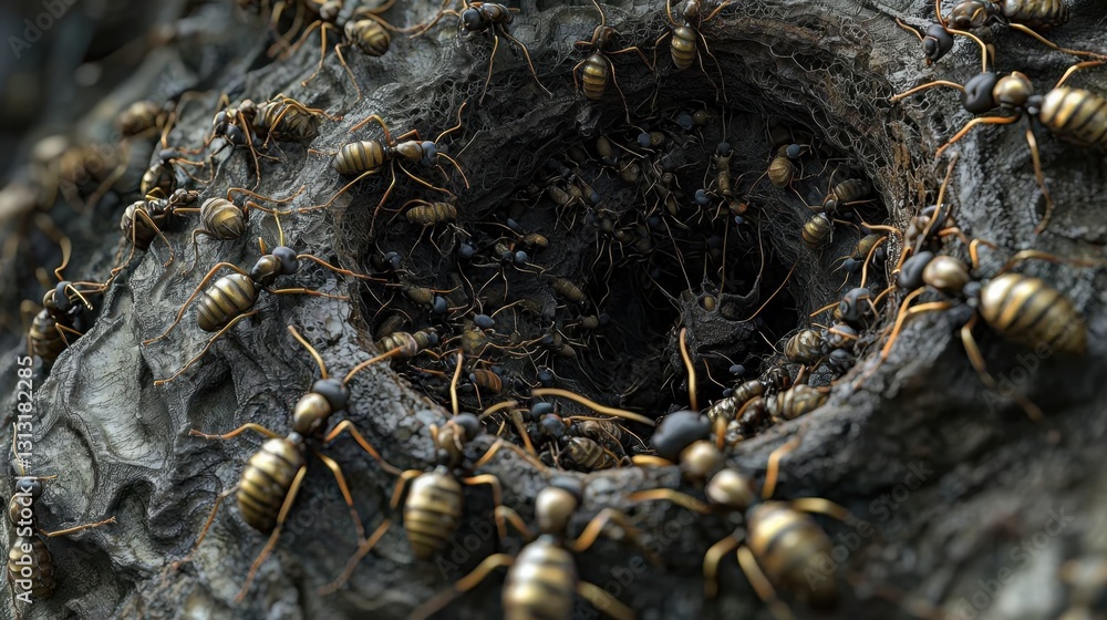 Aufkleber fascinating 3d rendering of an ant nest with worker ants tending to eggs and larvae, tunnels branchi