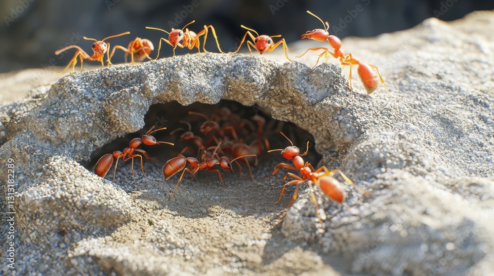 Aufkleber fascinating 3d rendering of an ant nest with worker ants tending to eggs and larvae, tunnels branchi