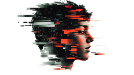Digital distortion effect transforming human face with glitch art and transparent background