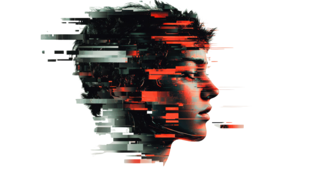 Digital distortion effect transforming human face with glitch art and transparent background - Powered by Adobe