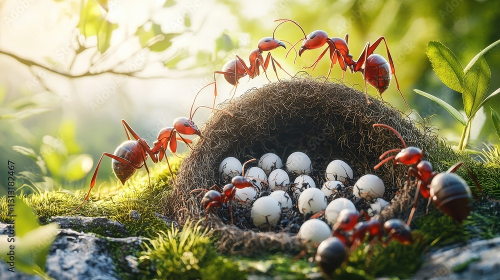 Poster fascinating 3d rendering of an ant nest with worker ants tending to eggs and larvae, tunnels branchi