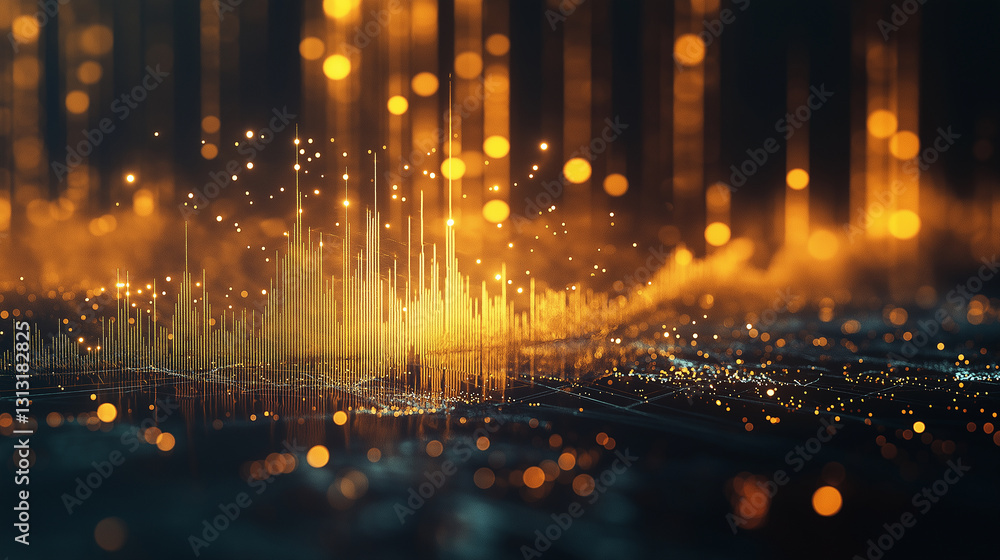 Poster golden light points and wave lines intertwine in the darkness, showcasing a sense of technology and 