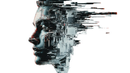 Artificial intelligence face dissolving with glitches on transparent background