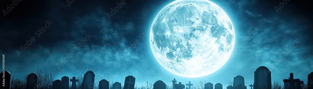 Poster serene cemetery scene with a glowing moon in the background creating a hauntingly beautiful atmosphe