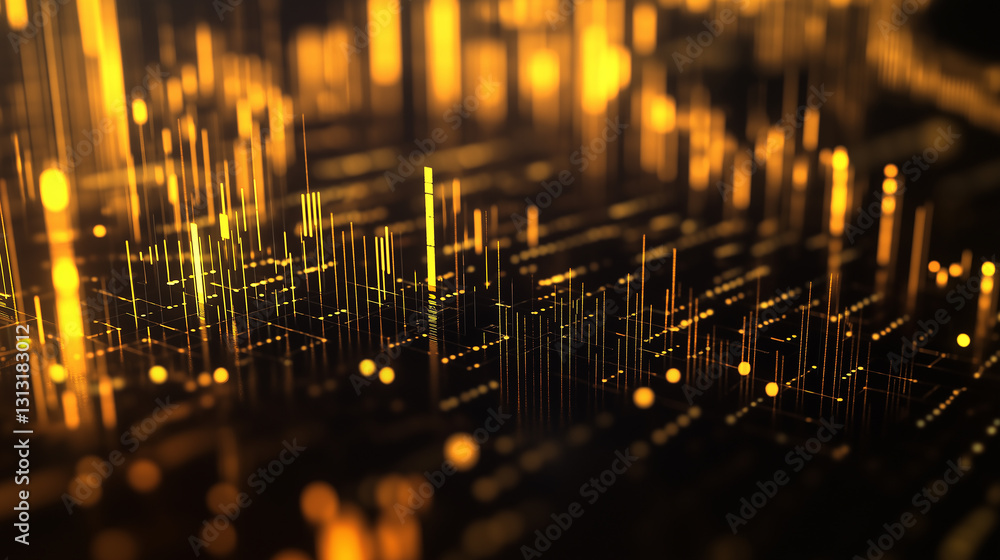Poster golden light points and wave lines intertwine in the darkness, showcasing a sense of technology and 