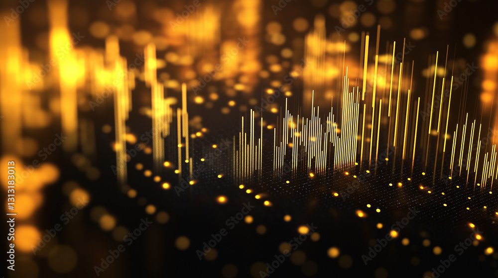 Poster golden light points and wave lines intertwine in the darkness, showcasing a sense of technology and 