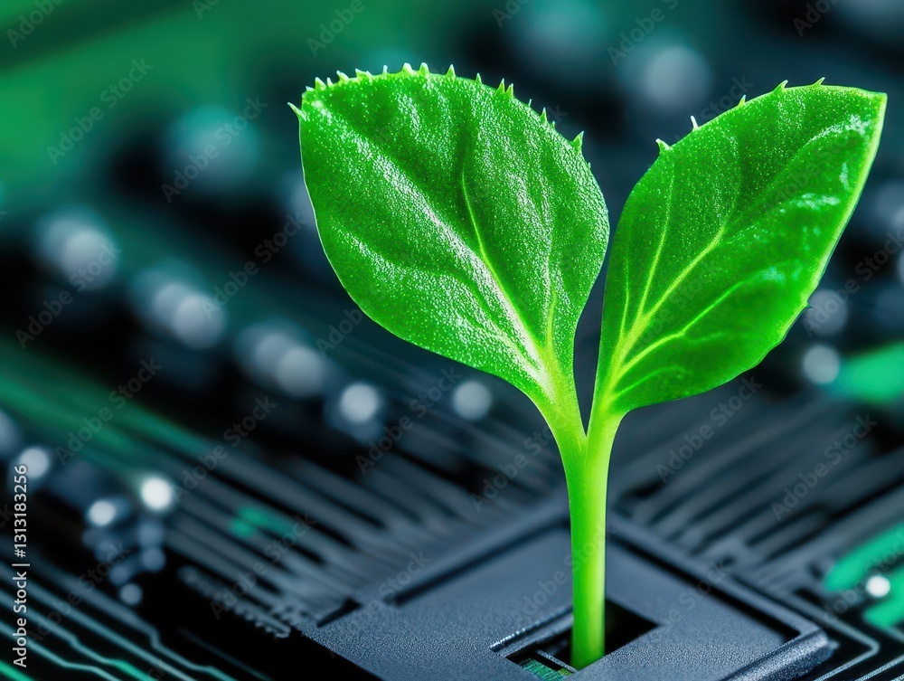 Poster green leaf resting on a motherboard symbolizing the intersection of nature and technology in a uniqu