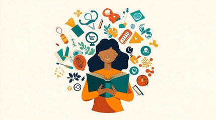 Woman Reading Book: Vibrant Digital Illustration of Knowledge and Hobbies AI Generated