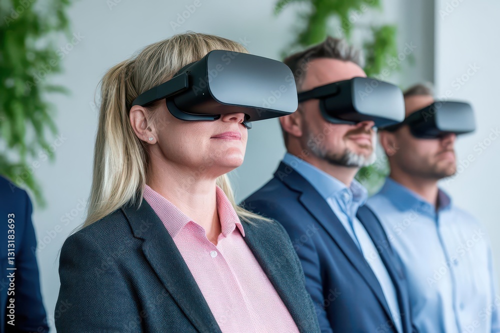 Poster woman wearing a virtual reality headset engrossed in a new digital experience with a sense of advent