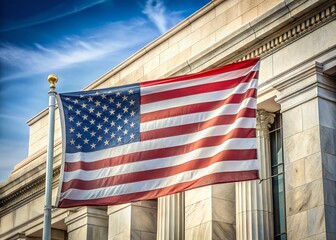 Fototapeta premium American Flag, Federal Reserve Building, Washington DC - Patriotic Stock Photo