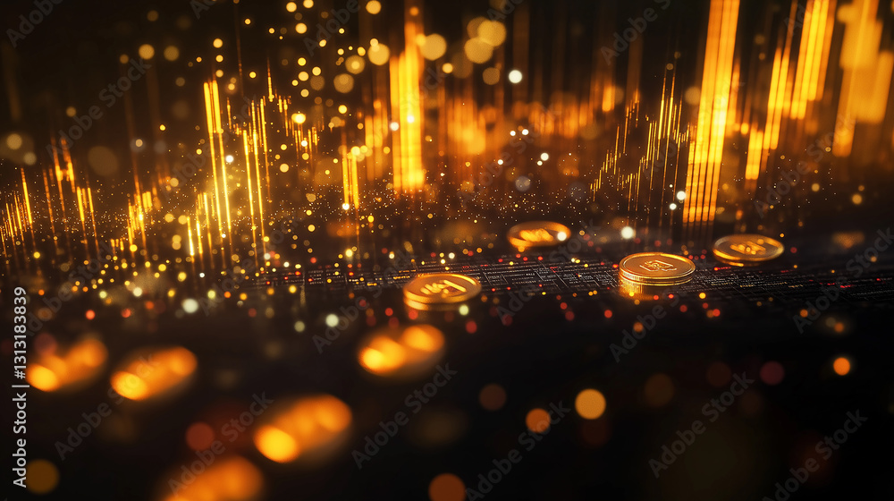 Poster golden light points and wave lines intertwine in the darkness, showcasing a sense of technology and 